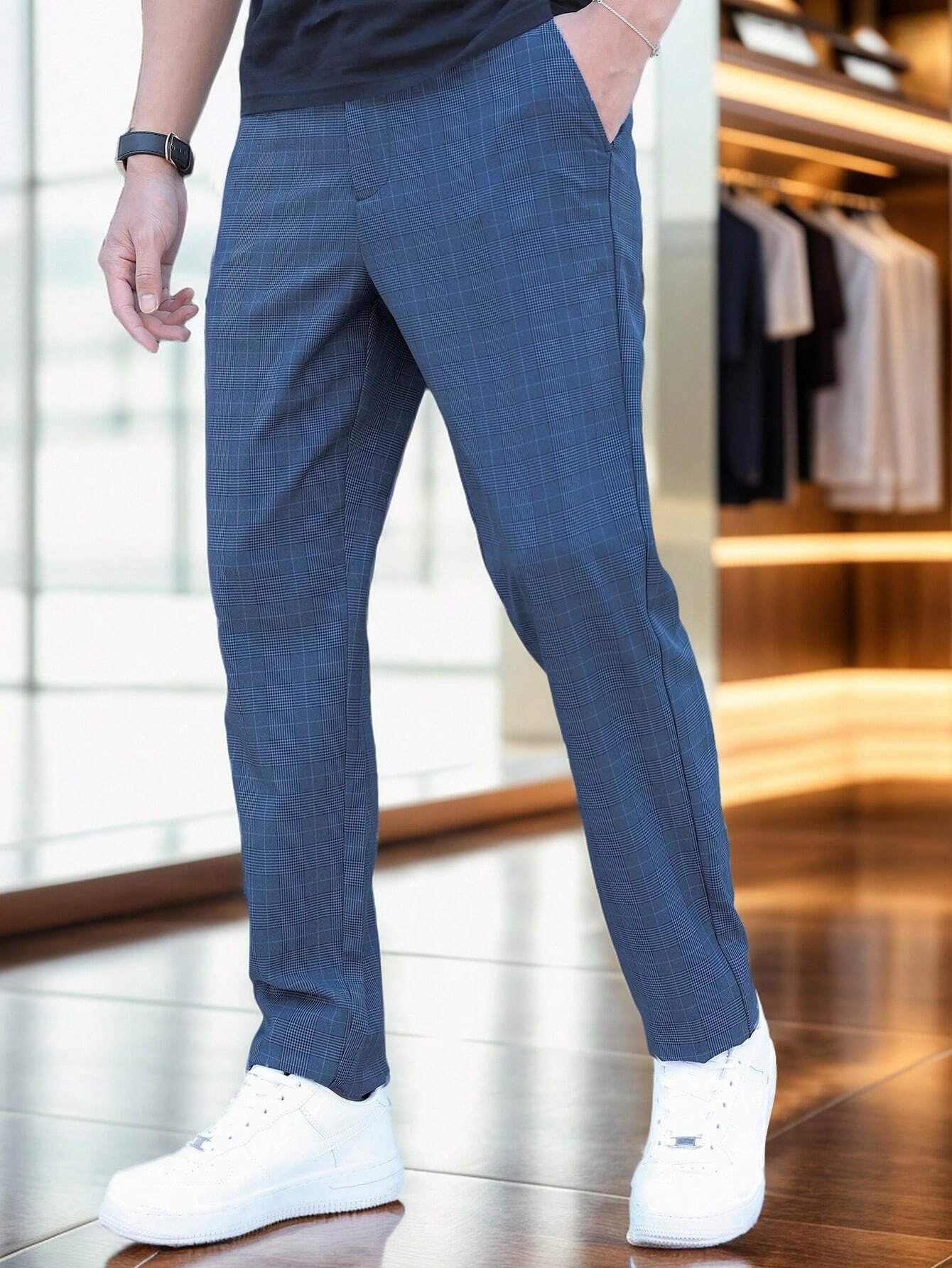 Navy Blue Check Slim-Fit Dress Pants