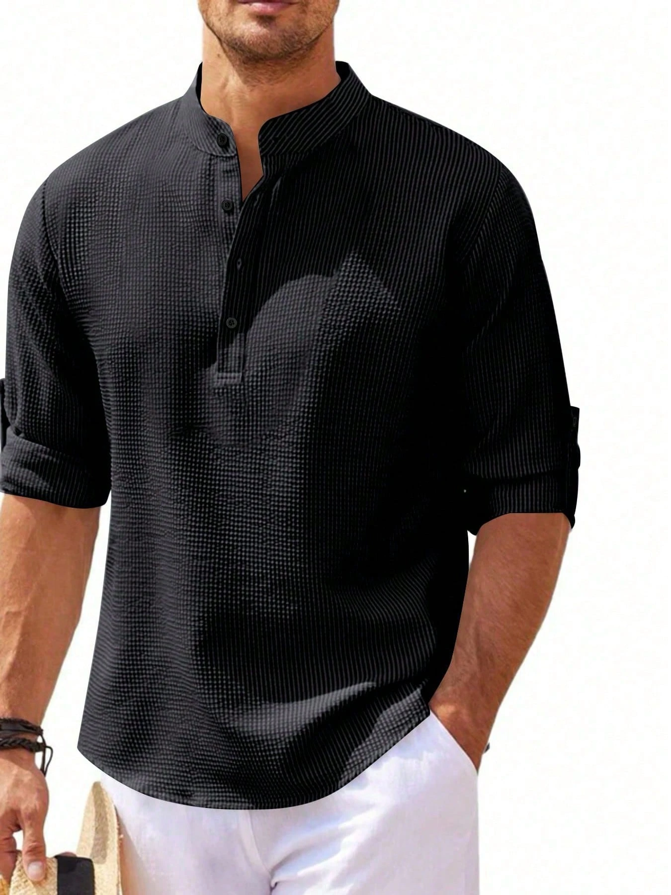 Black Mandarin Collar Casual Shirt