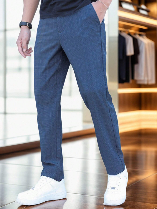 Navy Blue Check Slim-Fit Dress Pants